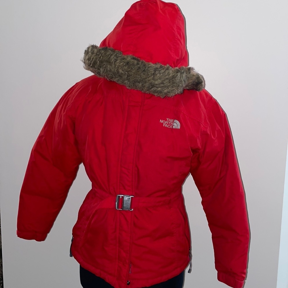 The North Face Red Puffer Jacket with Faux Fur Trim